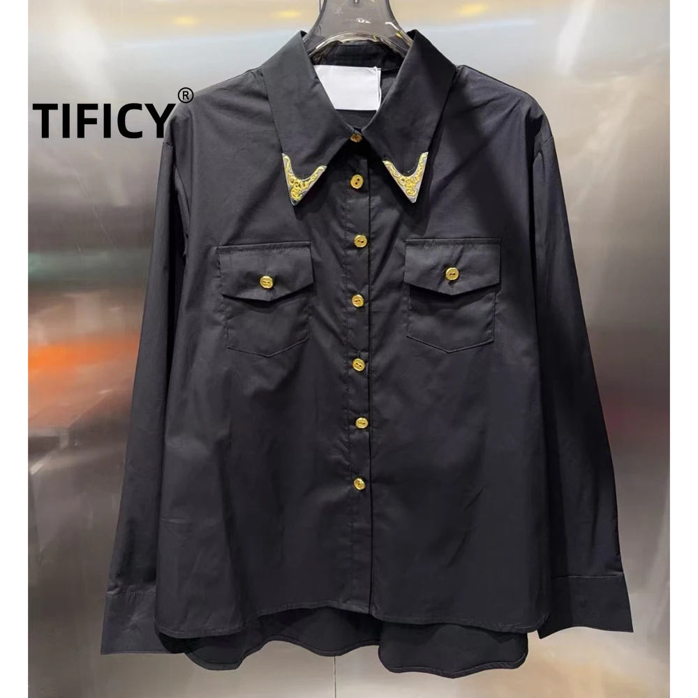 

Женская рубашка High Street: Новинка, элегантная, с золотистым металлическим воротником-стойкой, на пуговицах, с длинными рукавами, из чистого хлопка