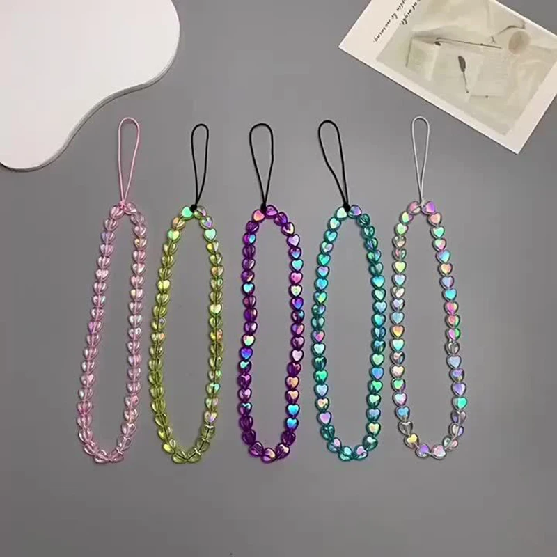 Blenden Farbe Herz Perlen Handy Fall Kette Frauen Mädchen Acryl Handy Hängen Schnur Für Mode Lanyard Strap Schmuck – Detail 8