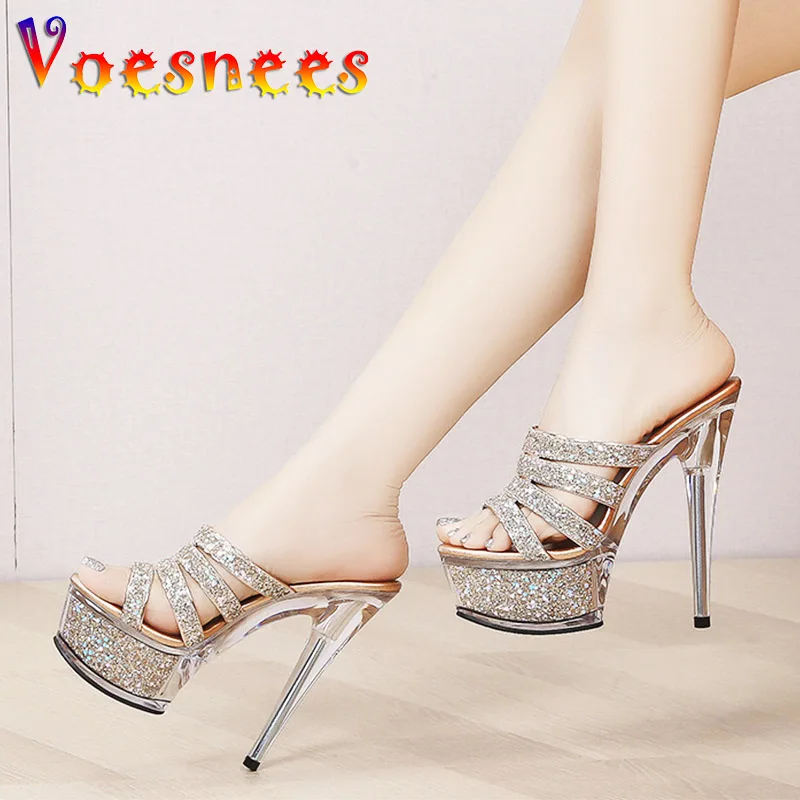 Women New Crystal Slippers 14.5CM Fashion Model High Heels Summer Thin Heels Sexy Party Shoes Waterproof Platform Sequin Sandals