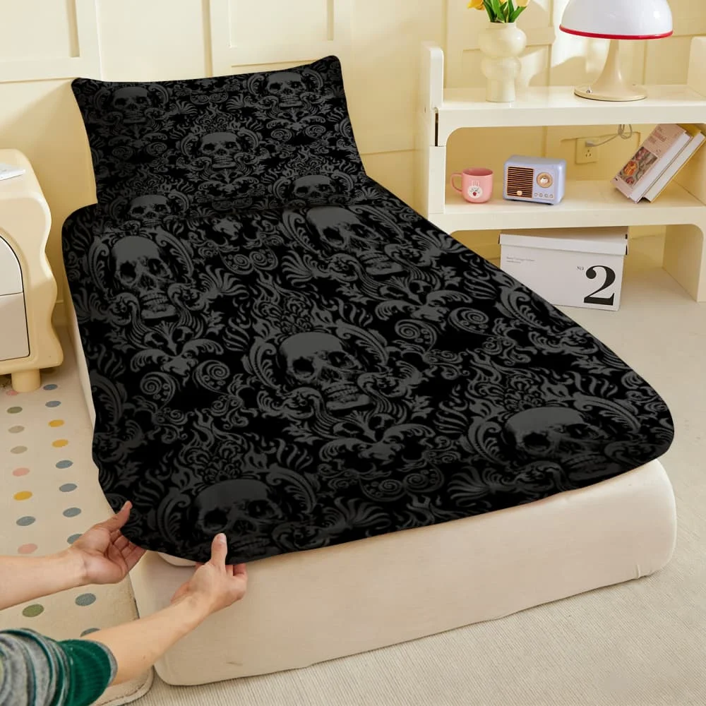 1pc Gothic Damask Skull Print Fitted Sheet Deep Pocket Elastic Mattress Cover Single Double Queen King Bedroom Decor