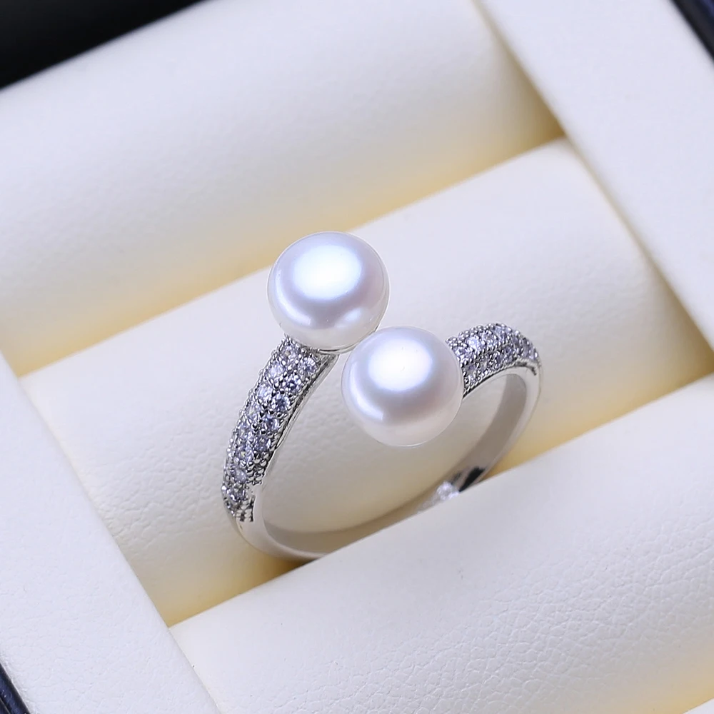 FENASY Natural Freshwater Double Pearl Rings For Women 925 Sterling Silver Party Jewelry Adjustable Wedding Engagement Ring