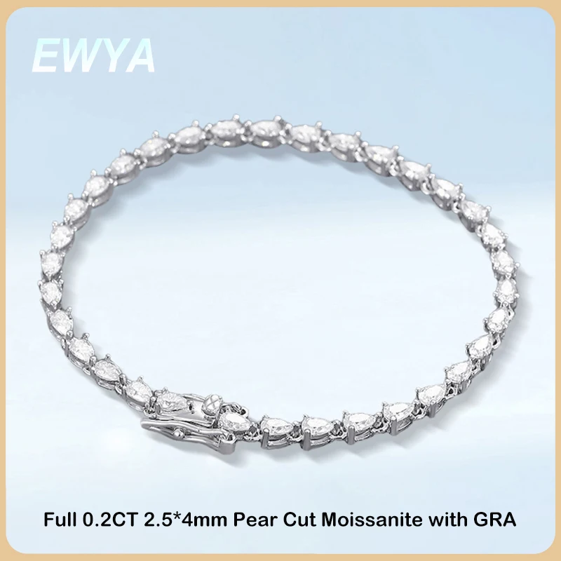 EWYA Micro 0.2/0.35CT Pear Cut D Color Full Moissanite Diamond Tennis Bracelet for Women Men 925 Silver GRA Certified Bracelets