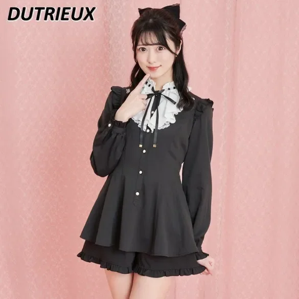 

Japanese SC Suit Stand-up Collar Tie Slimming Waist-Controlled Top Mass Production Long Sleeve Shirt Base Shorts Two-Piece Set