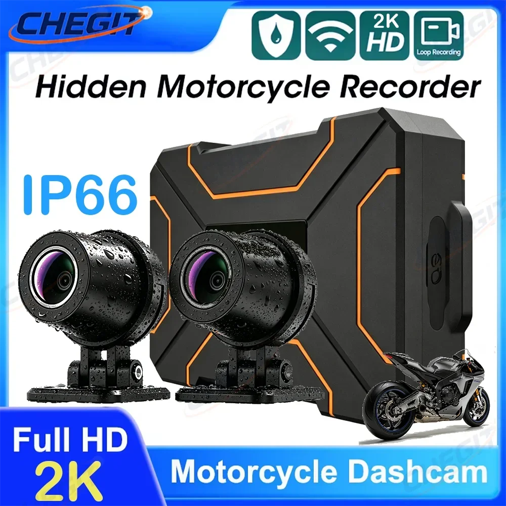 New 2K 1080P Dual Front Rear Lens Hidden Motorcycle Dash Cam IP66 Waterproof WiFi APP Motorbike DVR Recorder All Weather Safety