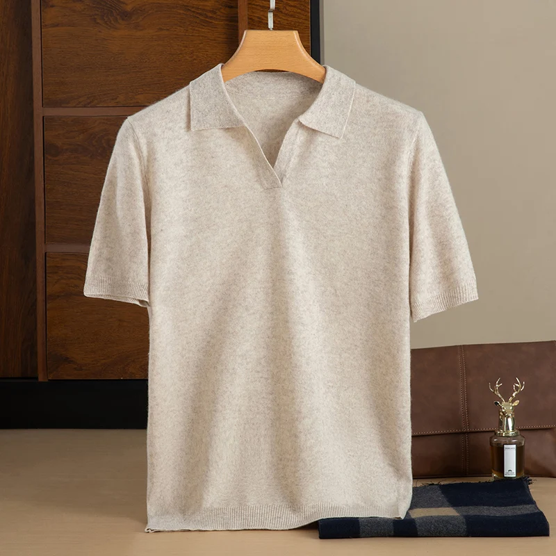Men's Sweater Spring Autumn New 100% Merino Wool Sweater Men's Seagull Neck Short Sleeve Loose Casual Knitted Sweater Versatiles