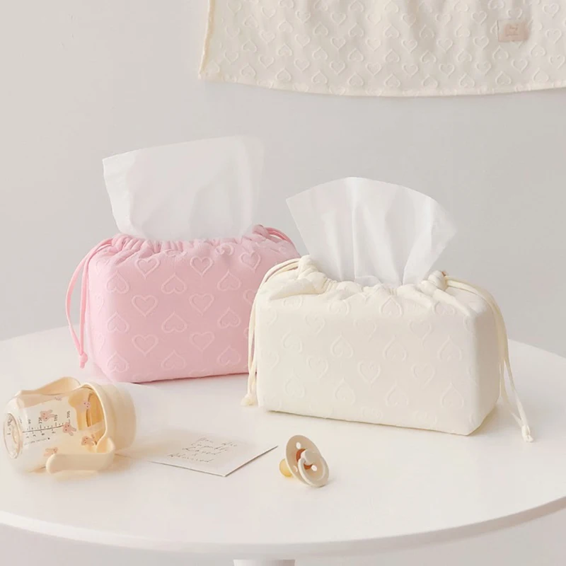 Ins Wind Simple Car Tissue Box Indoor Home Tissue Storage Bag Baby Diaper Portable Drawstring Wet Wipe Case Paper Towel Holder