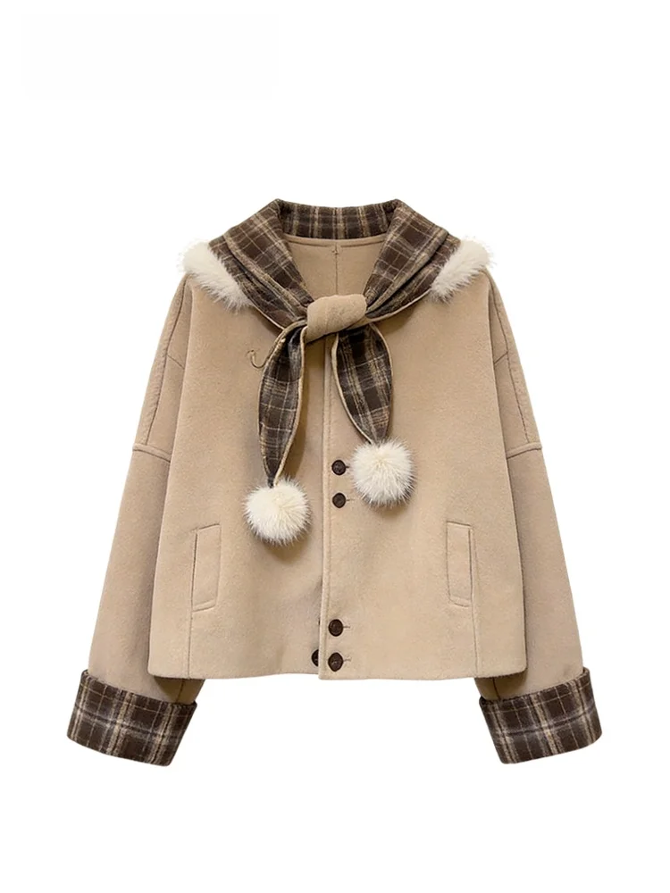 

Cara CLUB Large Size Women's ort Woolen Coat Autumn Winter Plaid oulder Wrap Top High Waist Loose Fit Long Sve Coat