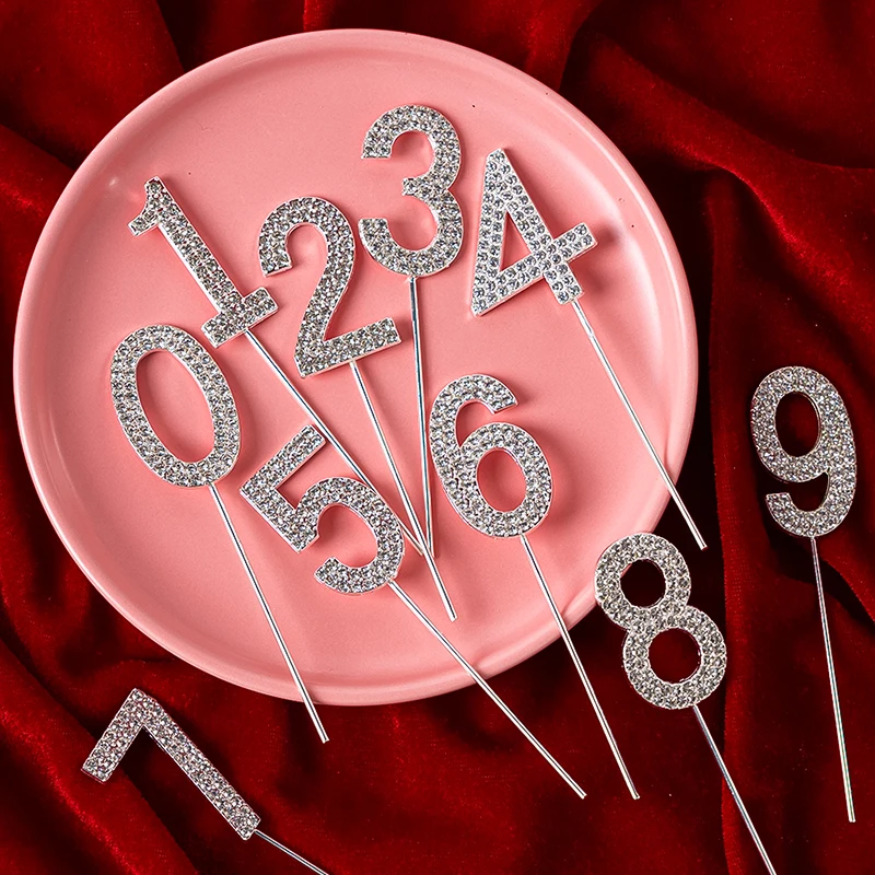 1pc 0-9 Alloy Diamond Digital Cake Toppers Fairy  Plugin Sparkling Crystal Digits Wedding Children\'s Birthday Cake Decoration