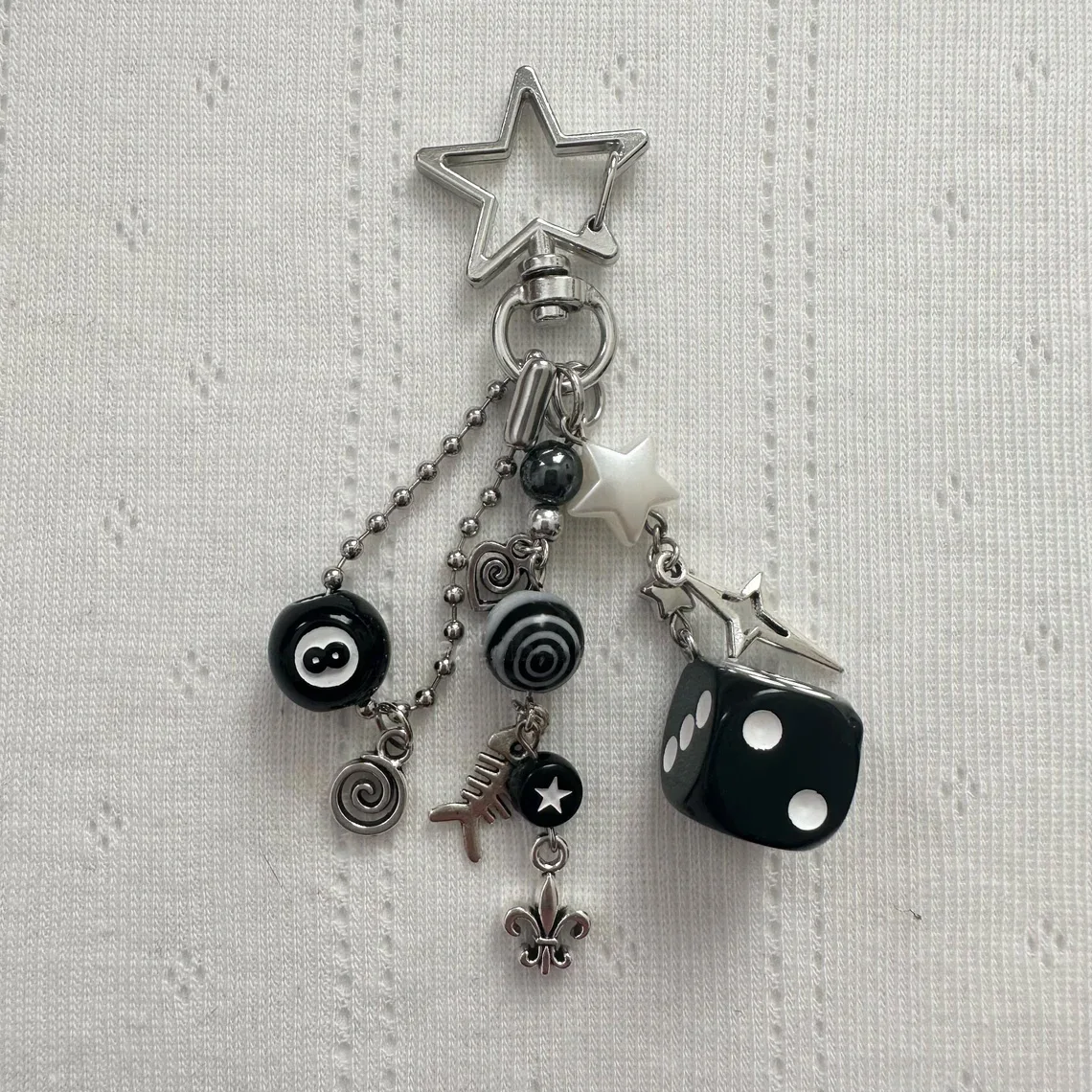 Handmade cluttered rockstar gf edgy black black & white dice keychains  grunge, deftones, beaded jewelry, bag pendant, emo, y2k,