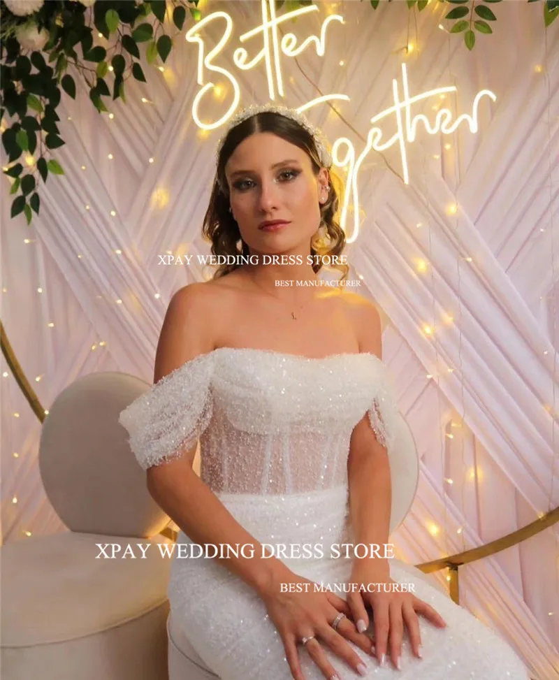 XPAY Glitter Off the Shoulder Wedding Party Dresses Arabic Women Shiny Tea Length Bride Gowns Formal Prom Birthday Dress 2024