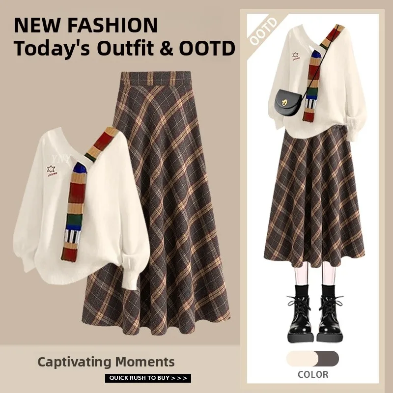 

Autumn Winter Women's Sweet Design V-neck Knitted Sweater Plaid Skirt Two-piece Set High Waist Midi Skirt Fashionable Ko...