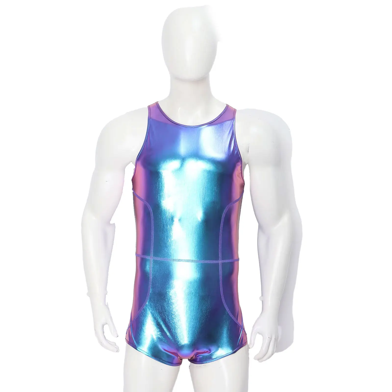 Men Metallic Shiny Swimsuit Swimwear Sleeveless Shorts Bottom Bodysuit Zipper One Piece Bathing Suit for Rave Party Clubwear