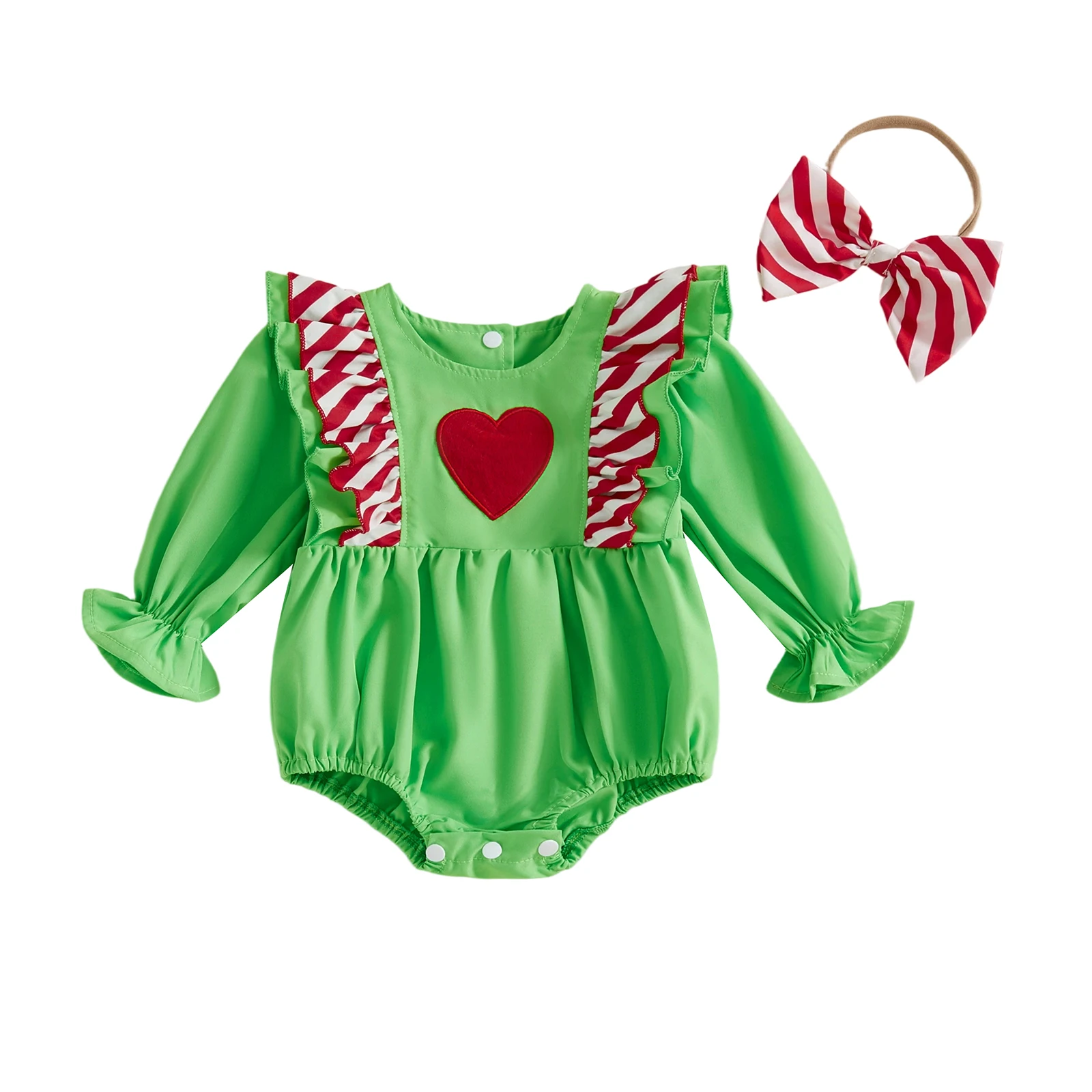 

Baby Girls 2 Piece Outfits Cute Long Sleeve Round Neck Red Heart Embroidery Romper and Bow Headband Set