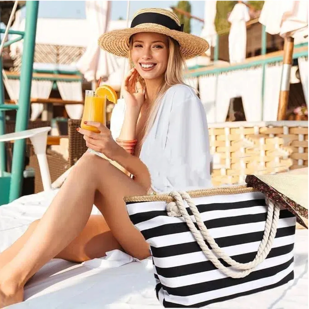 Waterproof Beach Bag for Women with Zipper Waterproof Beach Tote Bags,Canvas Stripe Rope Handles for Women Summer Shopping Bag