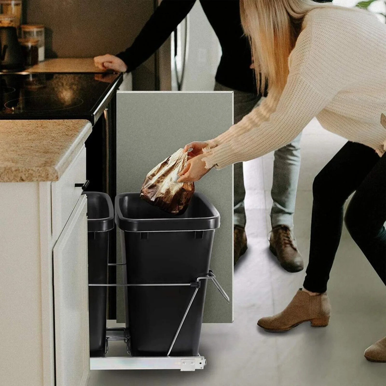 Double 35 Quart Pull Out Trash Can Waste Bin Container Under Kitchen Cabinet United States