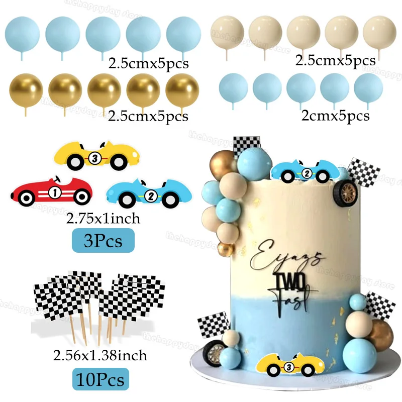33 Stück Rennwagen-Kuchendekorationen, blaue Kugeln, Kuchendeckel, Auto-Kuchenaufsatz für zwei schnelle Geburtstage, Babyparty, Taufe, Kuchendekoration – Detail 39