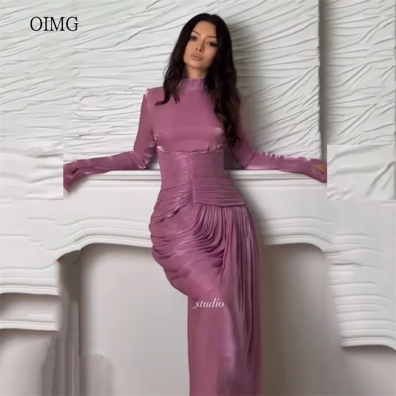 

OIMG Purple High Neck Mermaid Prom Gowns Eid Long Sleeves Pleated Party Gown Saudi Evening Dress vestidos de gala Customized
