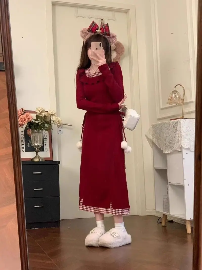 

Cisas Red Plaid Lace Hem Long Sve Трикотажная зимняя новая облегающая талия юбка трапециевидной формы Dr Ci Commute