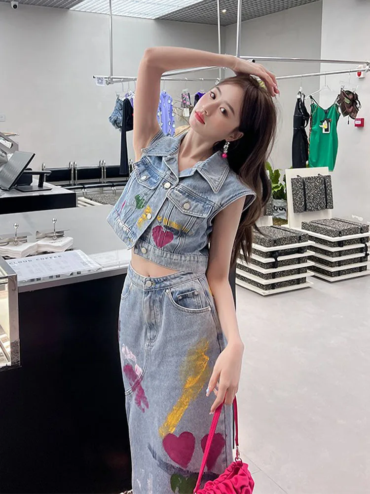 Skirt Two-Piece Set 2022 Spring and Summer Handmade Graffiti Denim Vest Coat Top Women + High Waist Slit Long Skirt Fashion Suit