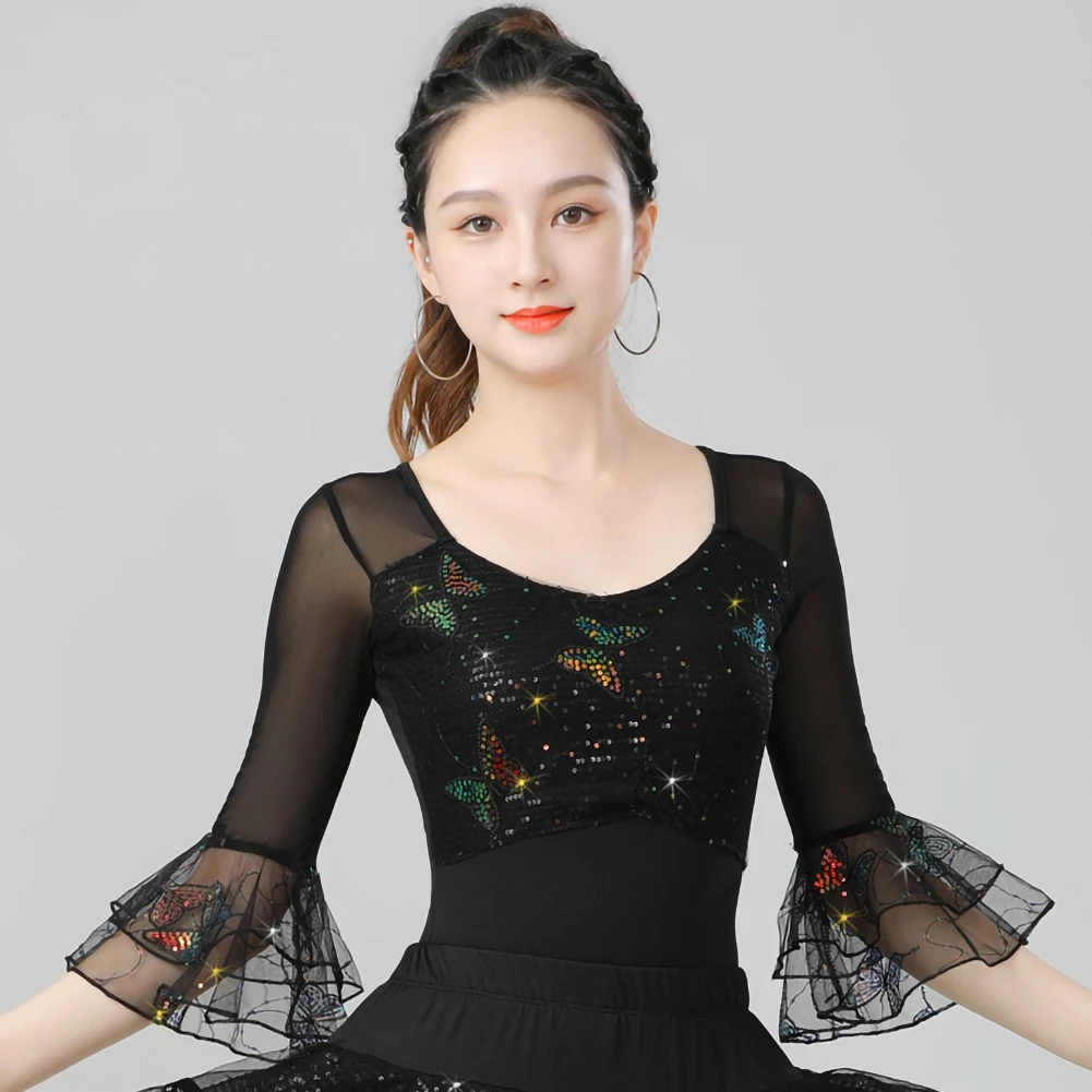 Women's Latin Dance Top New Ballroom Dance Waltz Mid-Sleeve Mesh Sequins Breathable Dancing Clothes Choreography Black Top