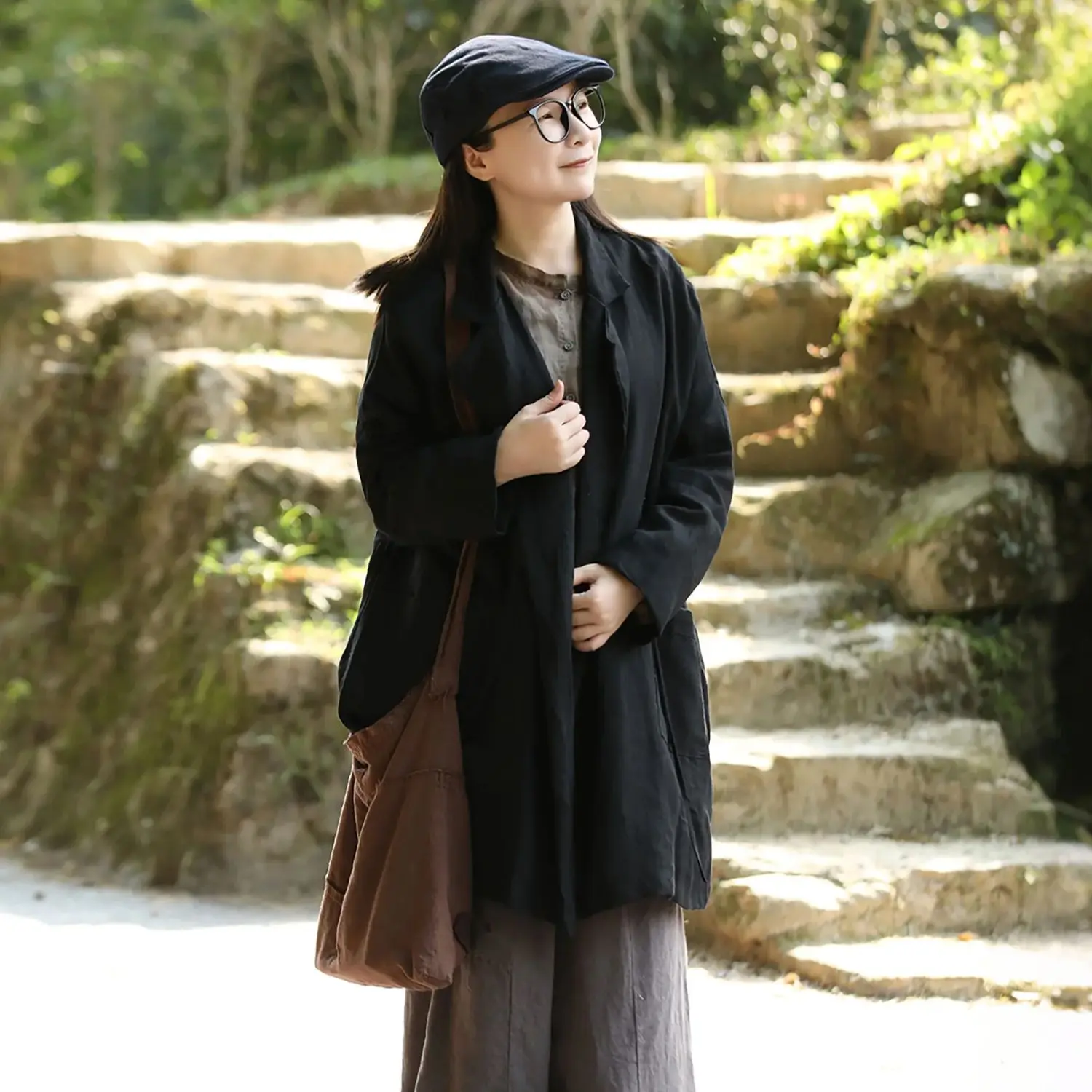 

LZJN женский осенний черный свободный эстетический повседневный элегантный льняной плащ средней длины с зубчатым воротником и поясом