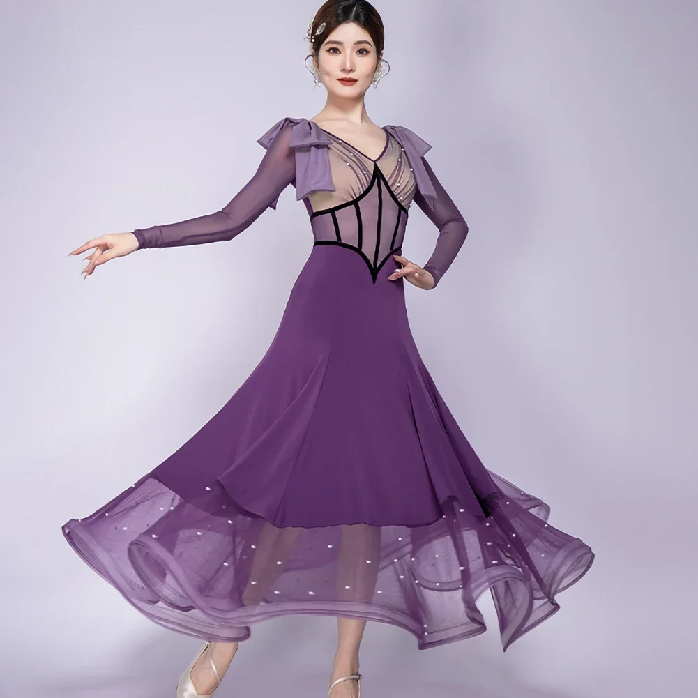 

Women Ballroom dress Red Purple Dress Elegant Practice Dance Dress V-neck Black Party Ballroom Championship Long Sleeve
