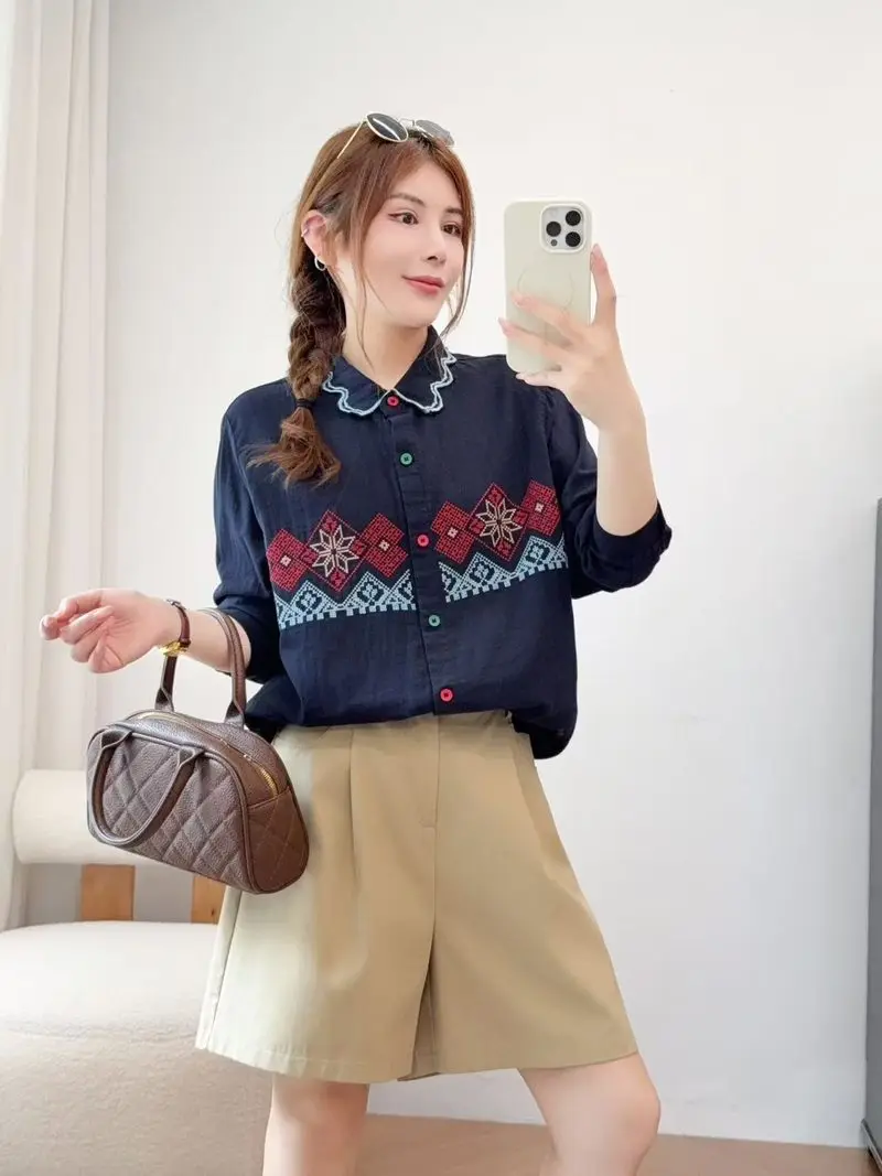 New 2026 Autumn Women Cotton Long Sleeve Shirt, Turn-down Collar Embroidery, Mori Girl Ethnic Style Chic Loose Blouse T68120CC view 3