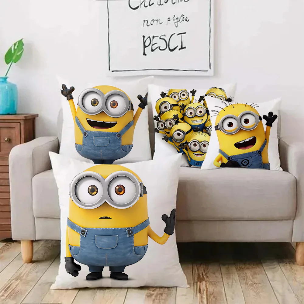 Housses de coussin de dessin animé M-Minions, impression recto-verso, peluche courte, mignonne, décoration de canapé, maison