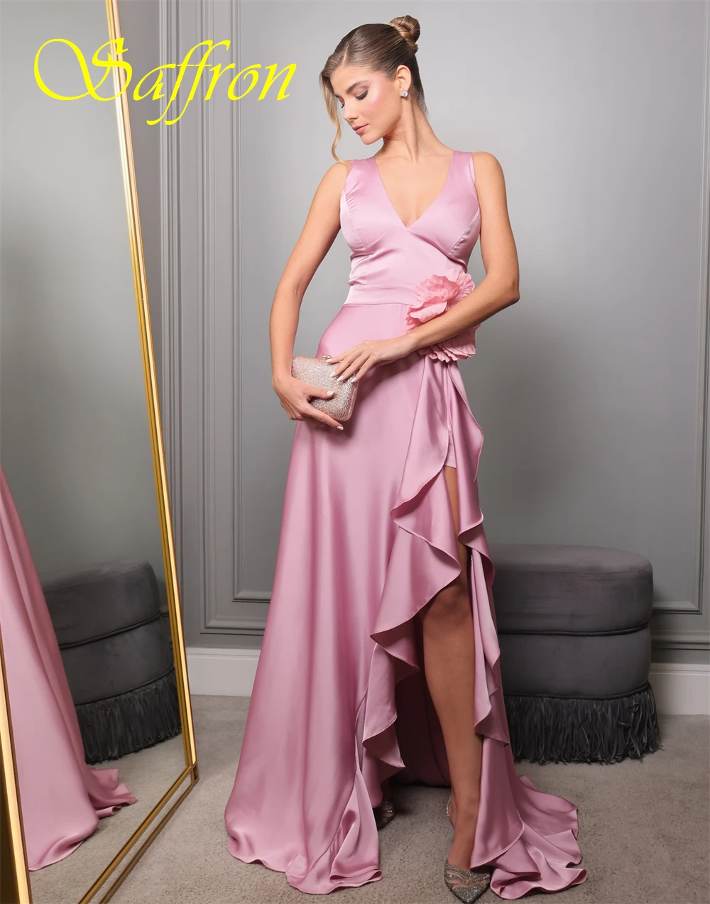 Op maat gemaakte sexy satijnen avondjurk met zijsplitten Sierlijke bloemen Galajurken Mode V-hals Mouwloos Jurken voor speciale gelegenheden