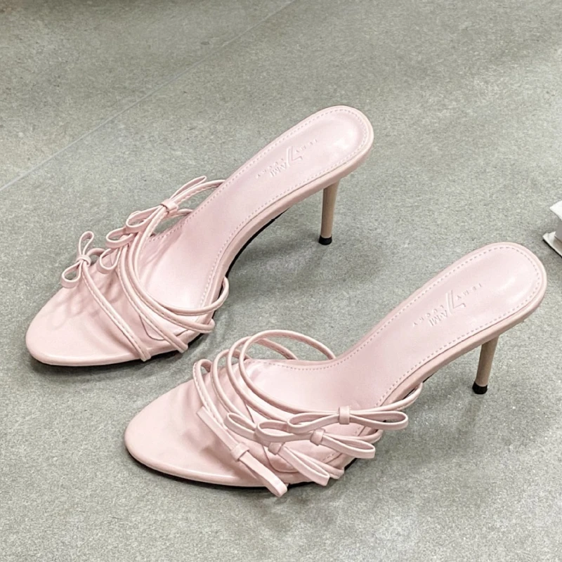 

Элегантные тапочки с узким ремешком и бантом, женские модные шлепанцы с острым носком на тонком каблуке, сексуальные модельные туфли с открытым носком, Sandalias De Mujer