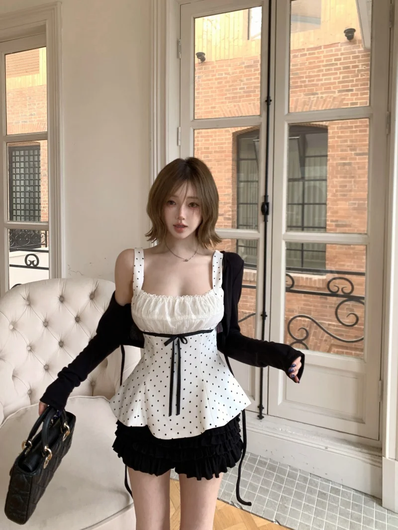 

Sweet And Spicy Girl Polka Dot Halter Top Women's Three Piece Set High Waist Skirt Cardigan Spring Summer Fashion Ensemble