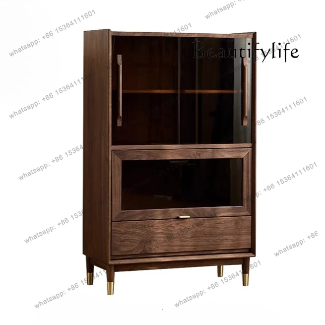 

North American black walnut glass wine cabinet Nordic simple solid wood vertical cabinet Home storage display locker
