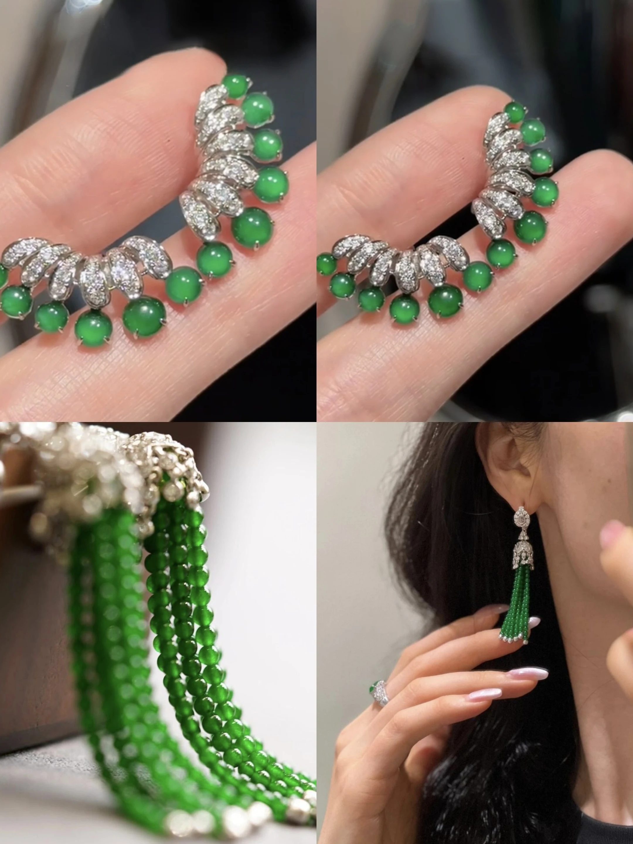 

Neo-Chinese Style 925 Siver Plated Green Jadeite Beads Tassel Long Drop Dangle Earrings Jade Ear Climber Cuff Timeless Jewelry
