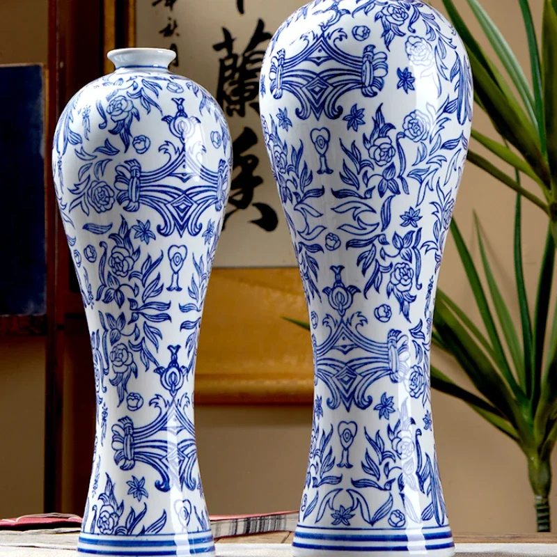 New Chinese Style Flower Vase Blue and White Porcelain Craft Ornaments Hydroponic Beauty Bottle TV Cabinet Home Decoration