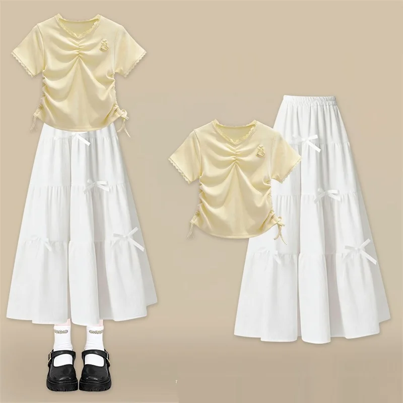 

Girls Dress Summer V Neck Kids Slim Short Sleeve T-shirt + White Dress 2PCS Casual Party Children Clothing Teen 8 10 12 14 Year