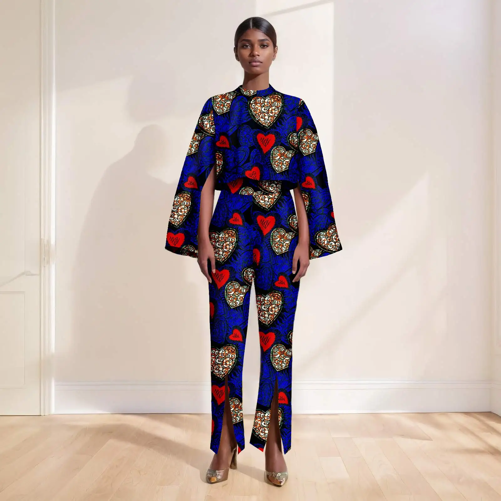 African American Women Ankara Printed Sexy Long Sleeve Super Short Top Fashion Casual Wide Leg Pants 2426032