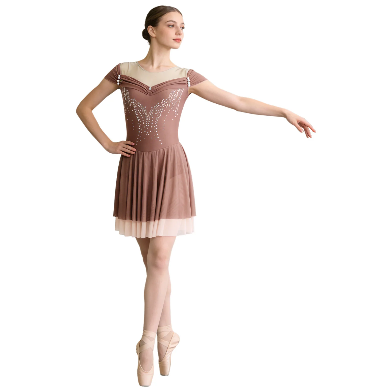 

Womens Lyrical Dance Figure Skating Costume Shiny Rhinestones Cap Sleeve Sheer Mesh Dress Ballet Rhythmic Gymnastics Leotard