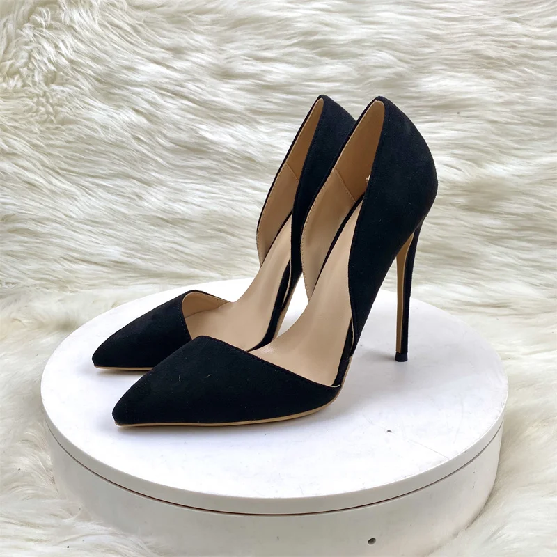 Black Suede Pointy Toe Side Cut High Heel Shoes with Spikes Sexy Suede Slip On Stiletto Pumps for Party Show Wedding