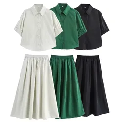 Women VintageTwo Piece Skirt Set Summer Short Sleeve Shirts Long Skirt Set Casual Matching Pleated Skirt Suit Sexy 2 Pcs Outfits
