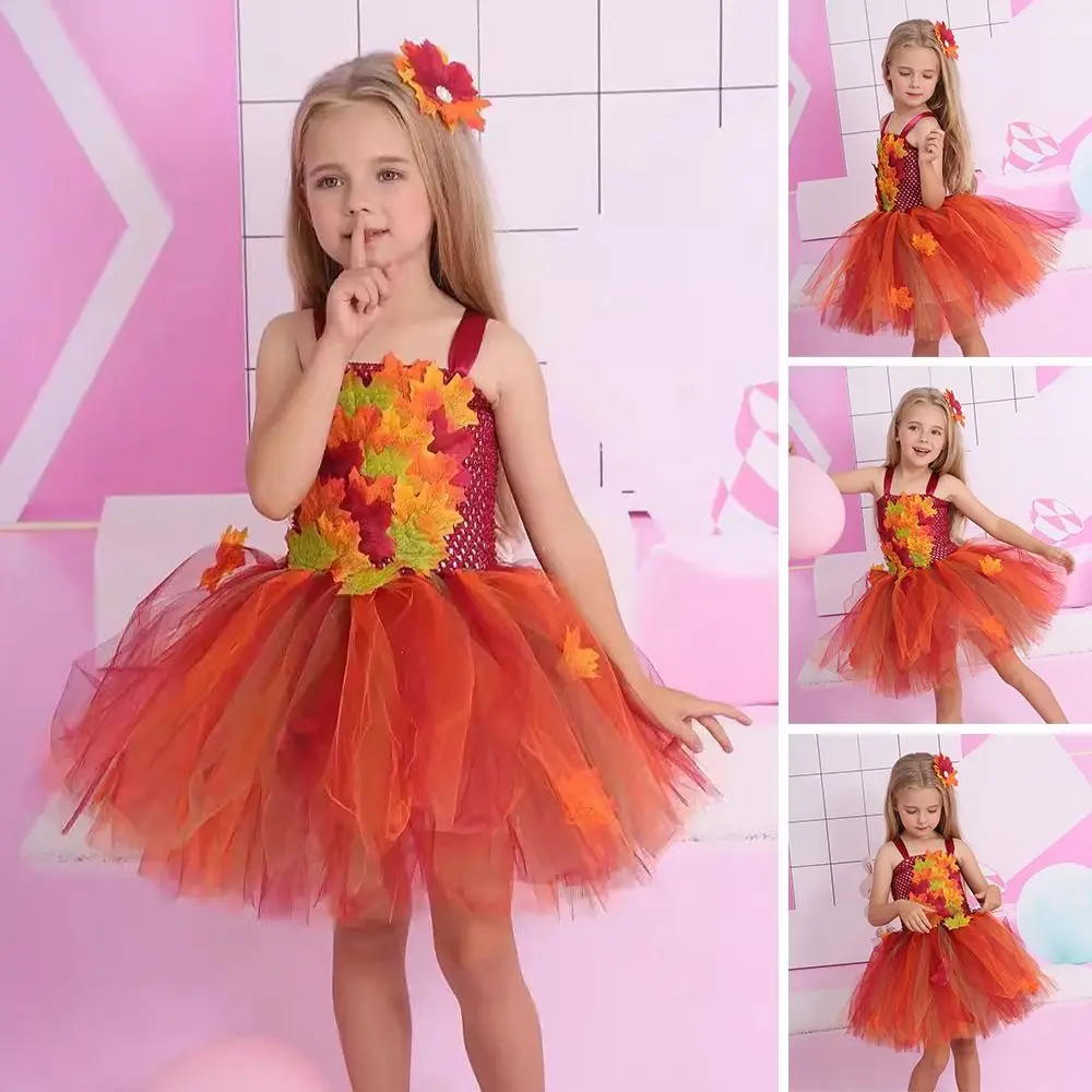 

Fashion Maple Leaves Tutu Dress Autumn Colors with Hairpin Tulle Dress Cute Puffy Thanksgiving DayDress Girls