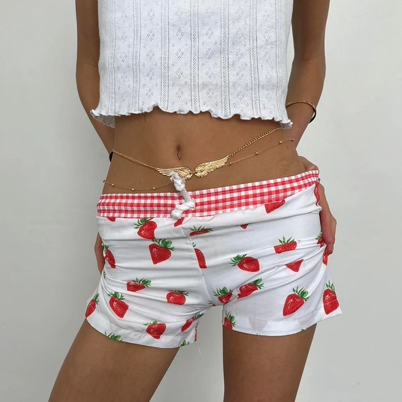 Strawberry Print Elastic Waist Short Pants Y2k Coquette Low Waist Pants Women Girl Summer Fashion Casual Shorts Lounge Bottom