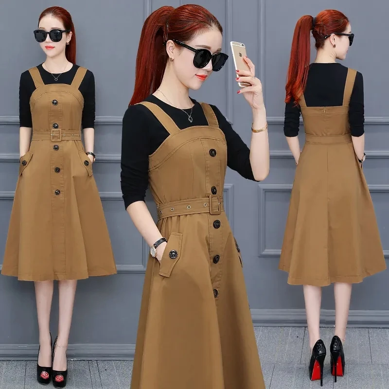 Spring 2024 New Cotton Long Dress Women's Suit Autumn Fashion Slim Temperament T-Shirt+Spaghetti Strap Dress Two-Piece Sets Lady