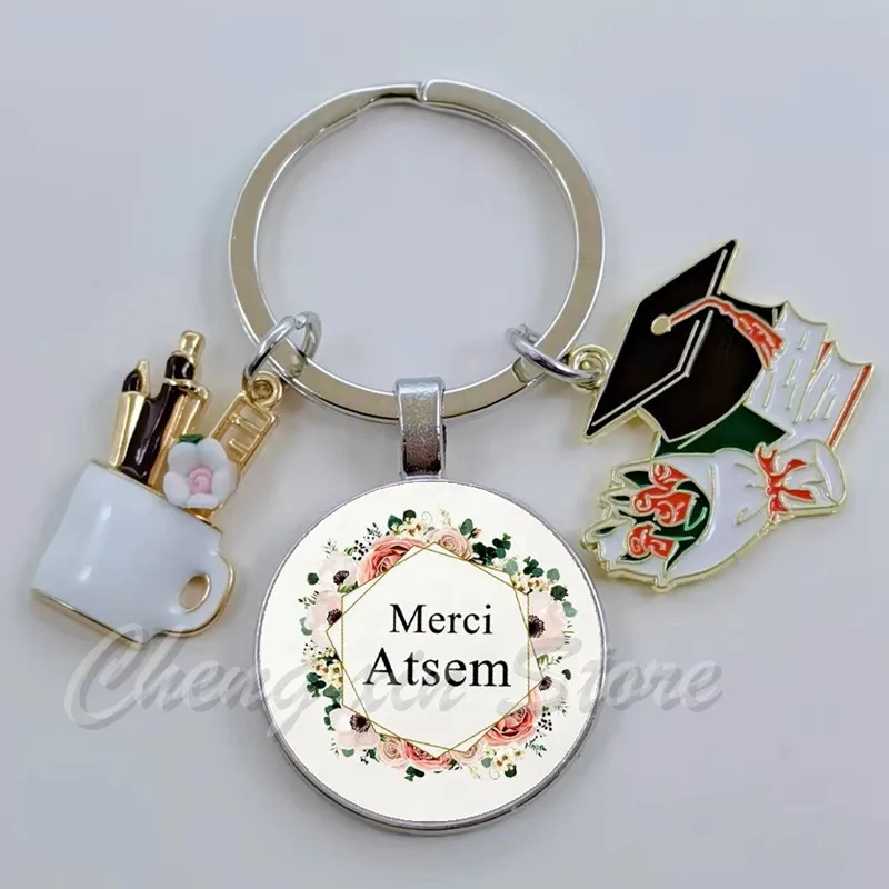 Hot selling French text keychain, Merci Atsem keychain, Teacher's Day gift, the best graduation gift