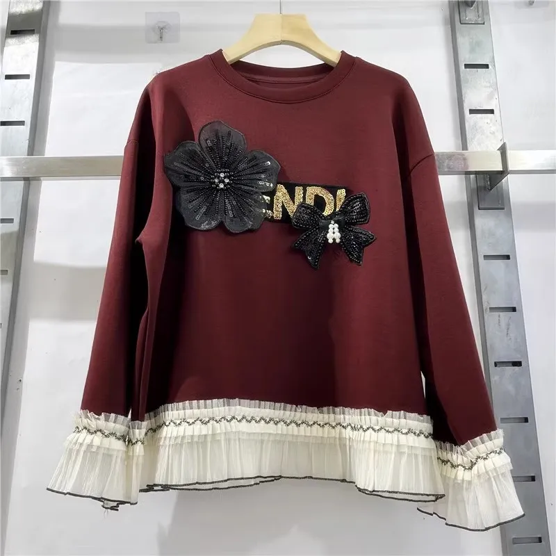 Spring Autumn Women Flare Sleeve Patchwork Ruffles Beaded Hoodie Top Mujer Female Loose Flowers Appliques Pullover Sweatshirts