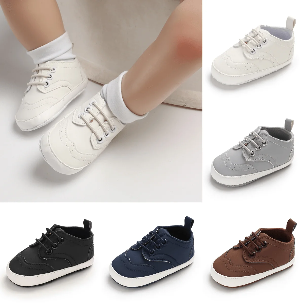 Crib Shoes Boys Baby Girls Lace-Up Casual Sneakers Non-Slip Soft Sole First Walkers Moccasins