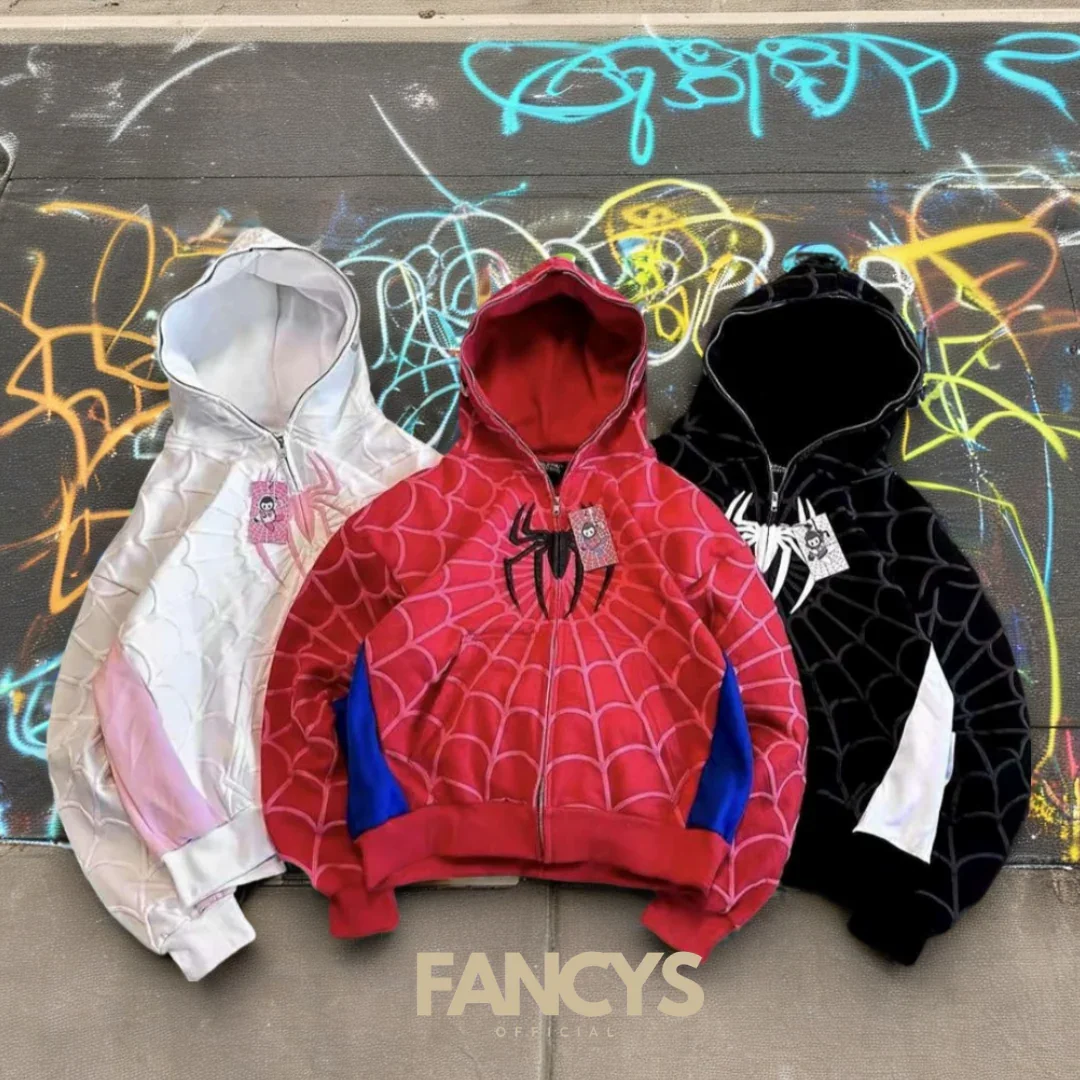 Y2k clothing Spider web Red Foam printing hoodie sweatshirt zipper warm Harajuku punk grunge Women Hip hop sweatshirt Hoodie