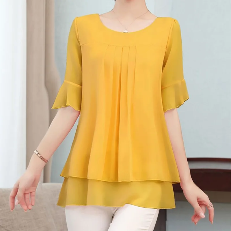 Chiffon Short Sleeve Thin Blouse Women Clothing Solid Plus Size Irregular Loose Elegant Shirt Tops Vintage Casual Summer New