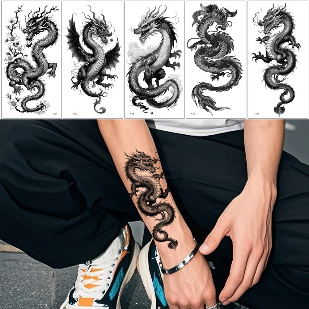 

5 шт. мужских временных тату-наклеек, водонепроницаемые, с рисунком дракона, фальшивые татуировки для женщин, для рук, груди, тела