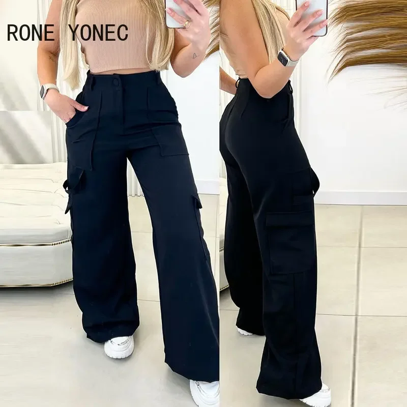 Women Elegant Solid Multi-Pockets High Waist Working Straight Leg Pants