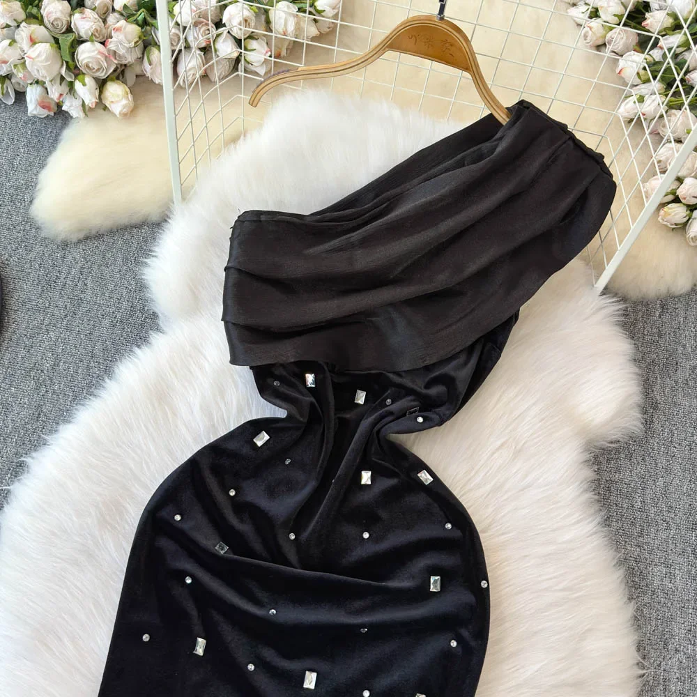 Elegant Sleeveless Off Shoulder Vintage Diagonal Collar Chic Rhinestone Slim Velour Dresses Evening High Street Autumn Clothing